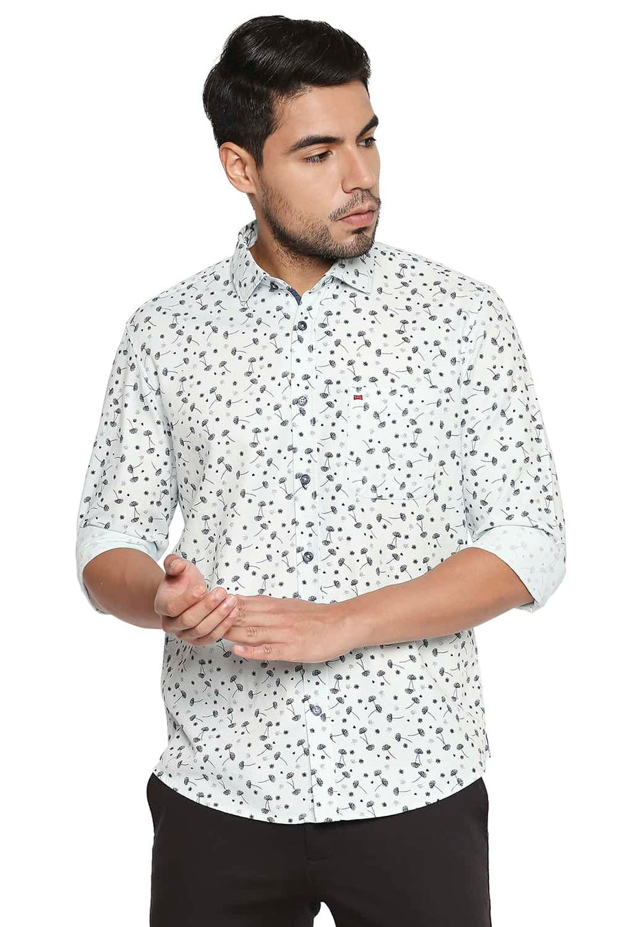 BASICS SLIM FIT CHALK GREEN PRINTED DOBBY SHIRT