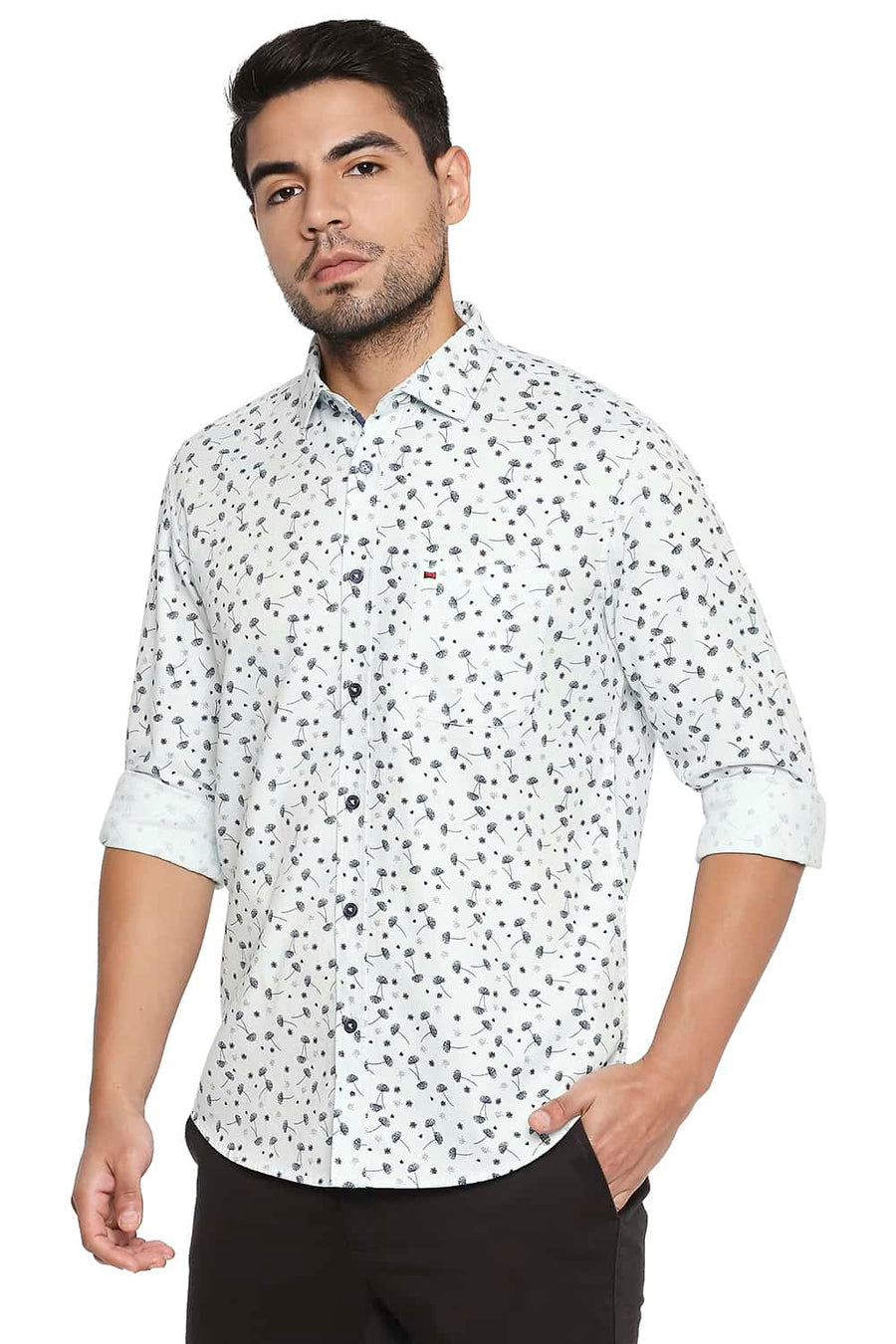 BASICS SLIM FIT CHALK GREEN PRINTED DOBBY SHIRT