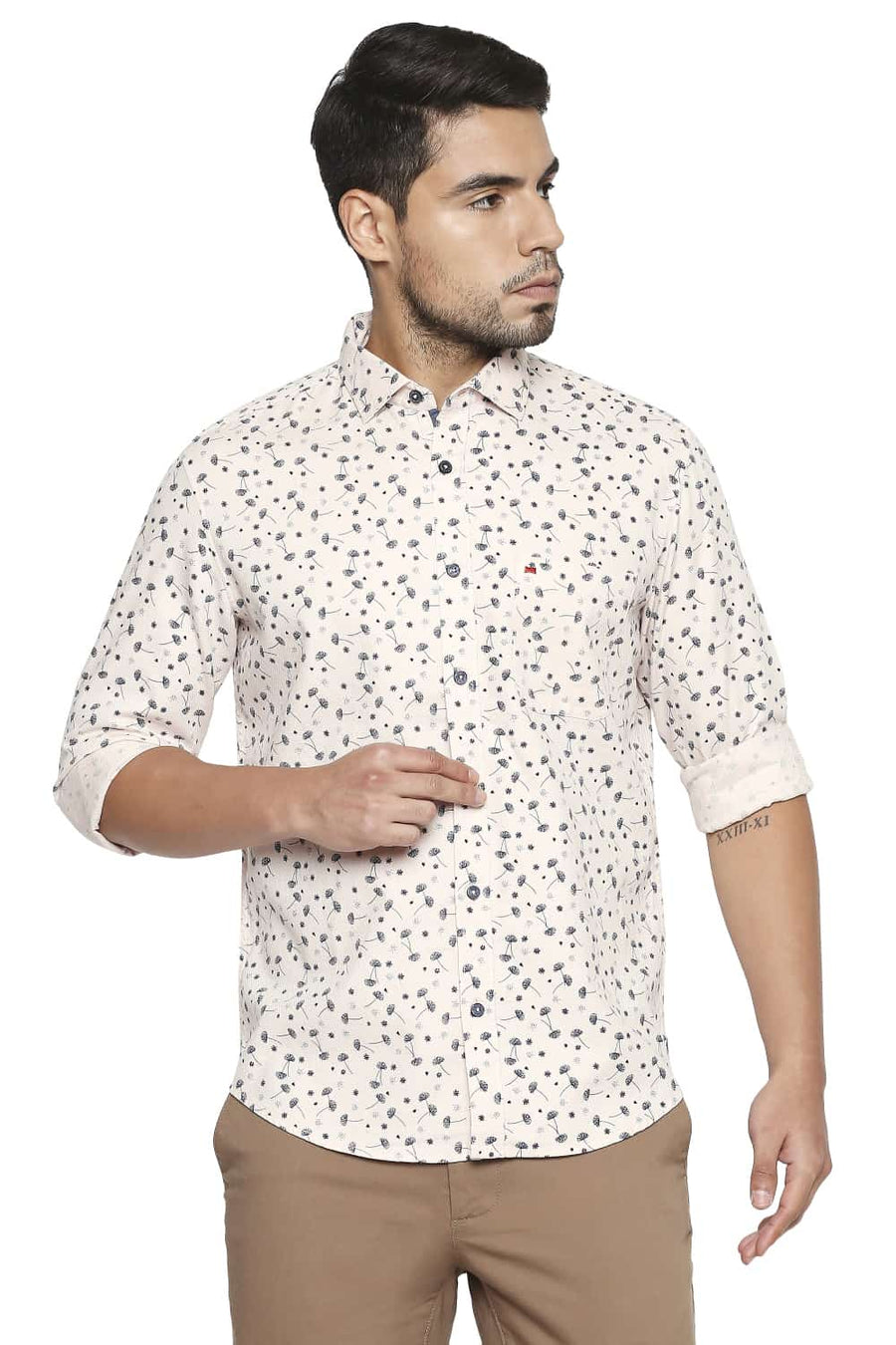 BASICS SLIM FIT ORANGE SHELL PRINTED DOBBY SHIRT