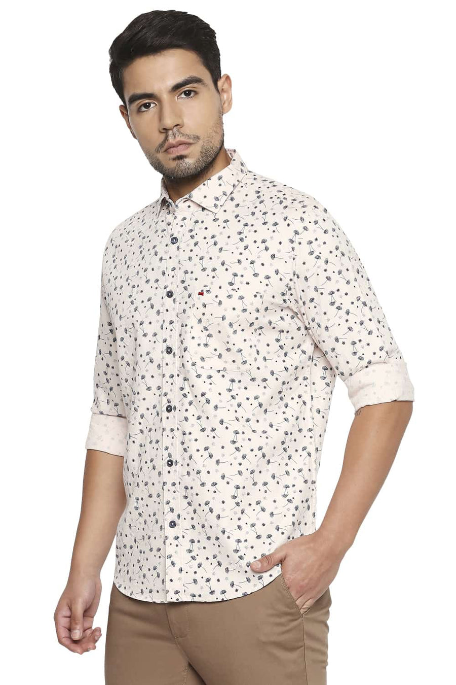 BASICS SLIM FIT ORANGE SHELL PRINTED DOBBY SHIRT