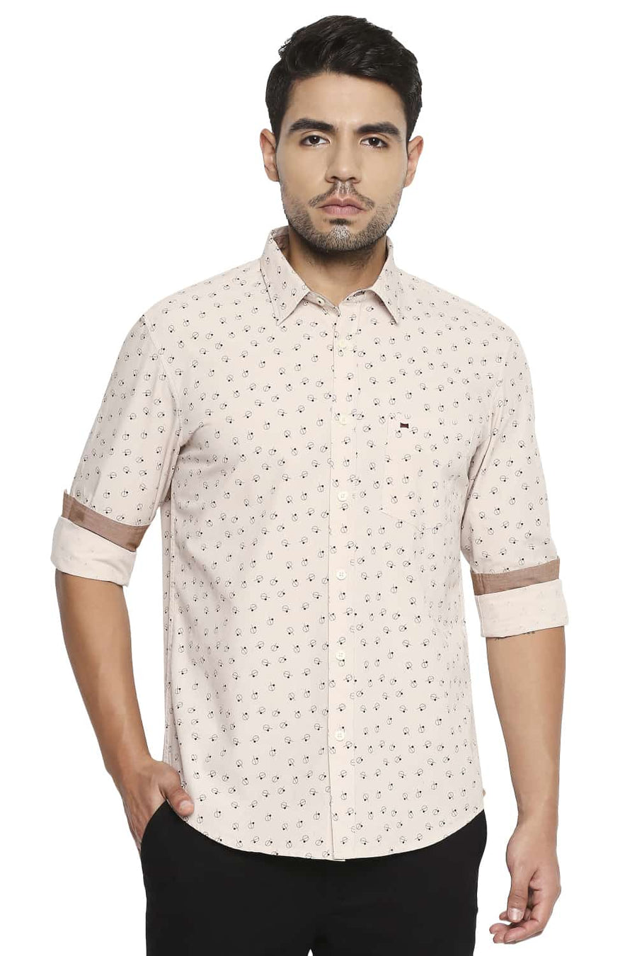 BASICS SLIM FIT IVORY BROWN PRINTED SHIRT