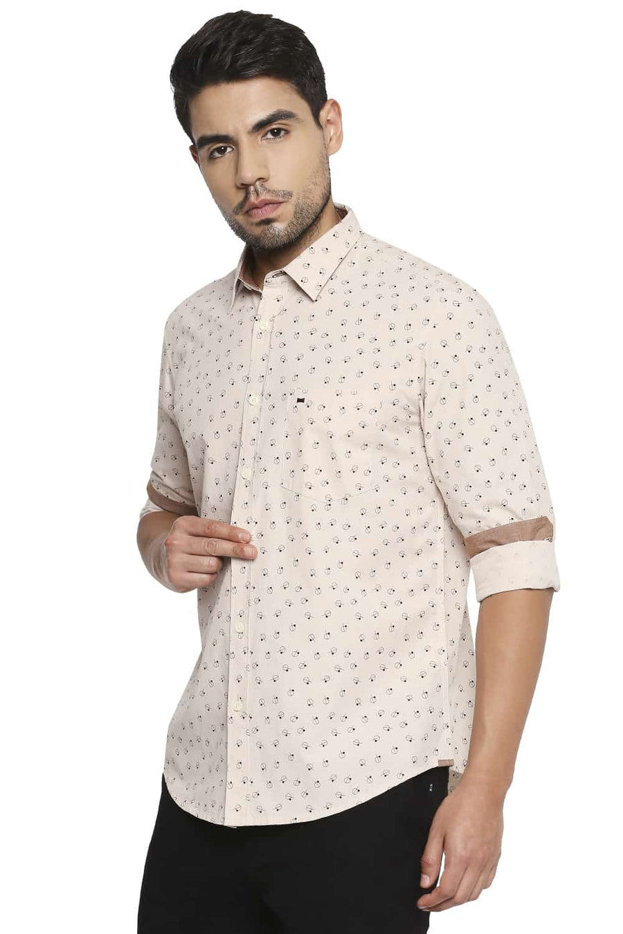 BASICS SLIM FIT IVORY BROWN PRINTED SHIRT