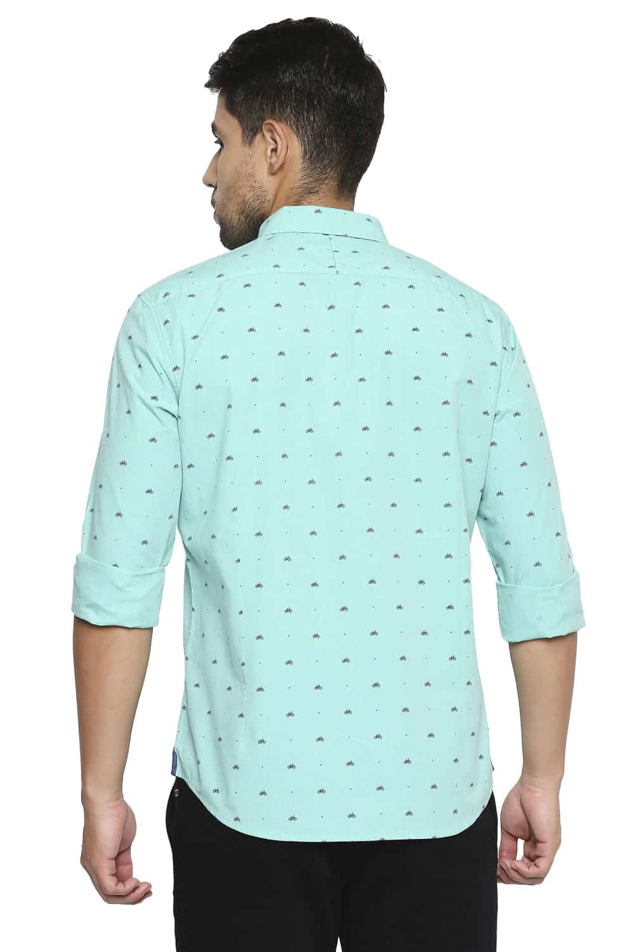 BASICS SLIM FIT WATERFALL GREEN PRINTED SHIRT
