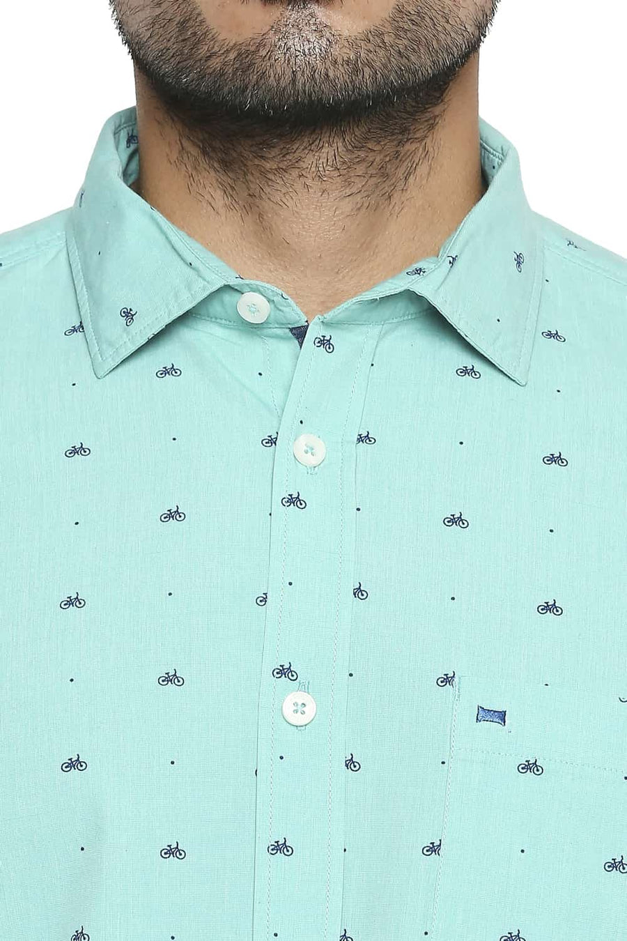 BASICS SLIM FIT WATERFALL GREEN PRINTED SHIRT