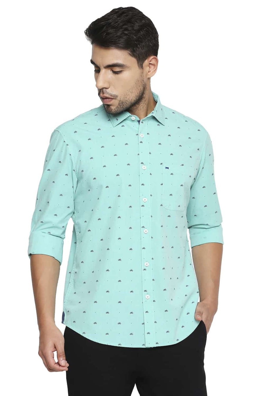 BASICS SLIM FIT WATERFALL GREEN PRINTED SHIRT