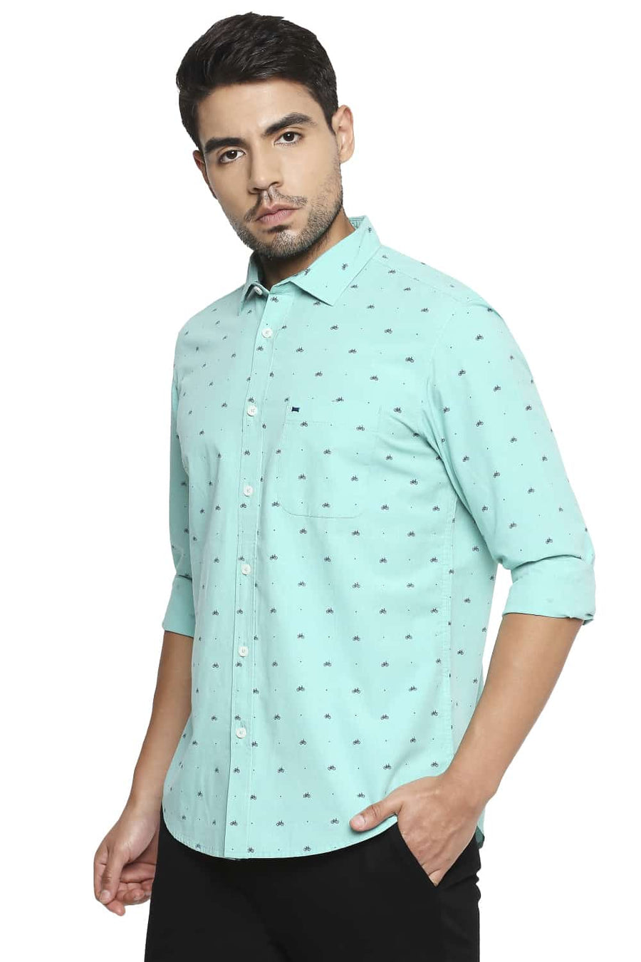 BASICS SLIM FIT WATERFALL GREEN PRINTED SHIRT