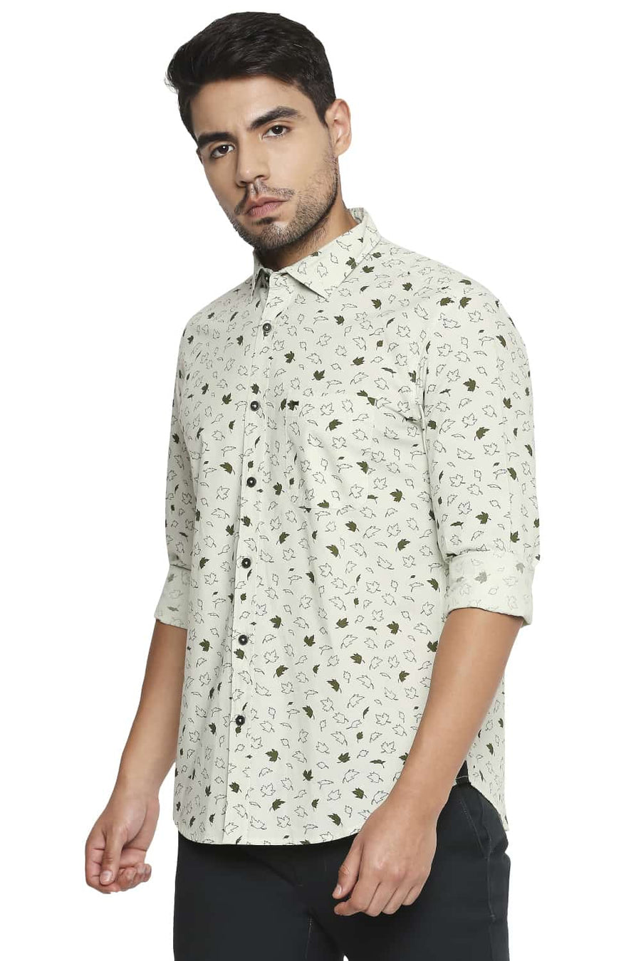 BASICS SLIM FIT SPRAY GREEN PRINTED SHIRT