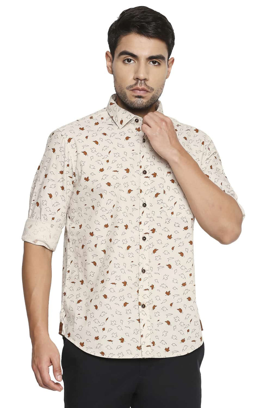 BASICS SLIM FIT BLEACHED KHAKI PRINTED SHIRT