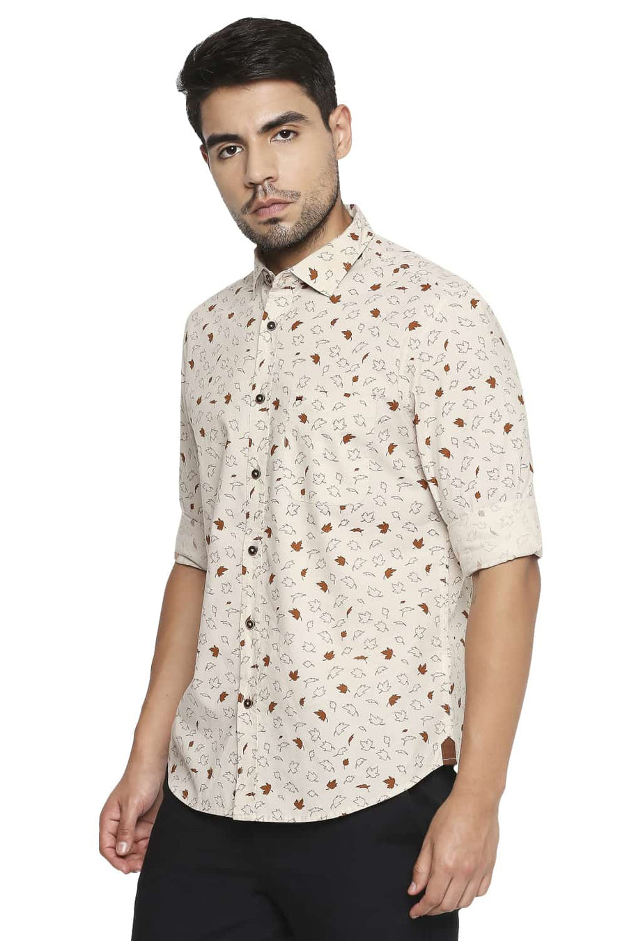 BASICS SLIM FIT BLEACHED KHAKI PRINTED SHIRT