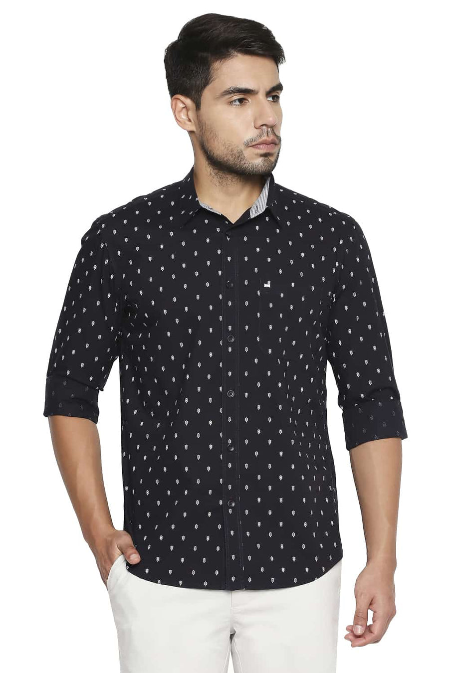 BASICS SLIM FIT NIGHT BLACK PRINTED SHIRT
