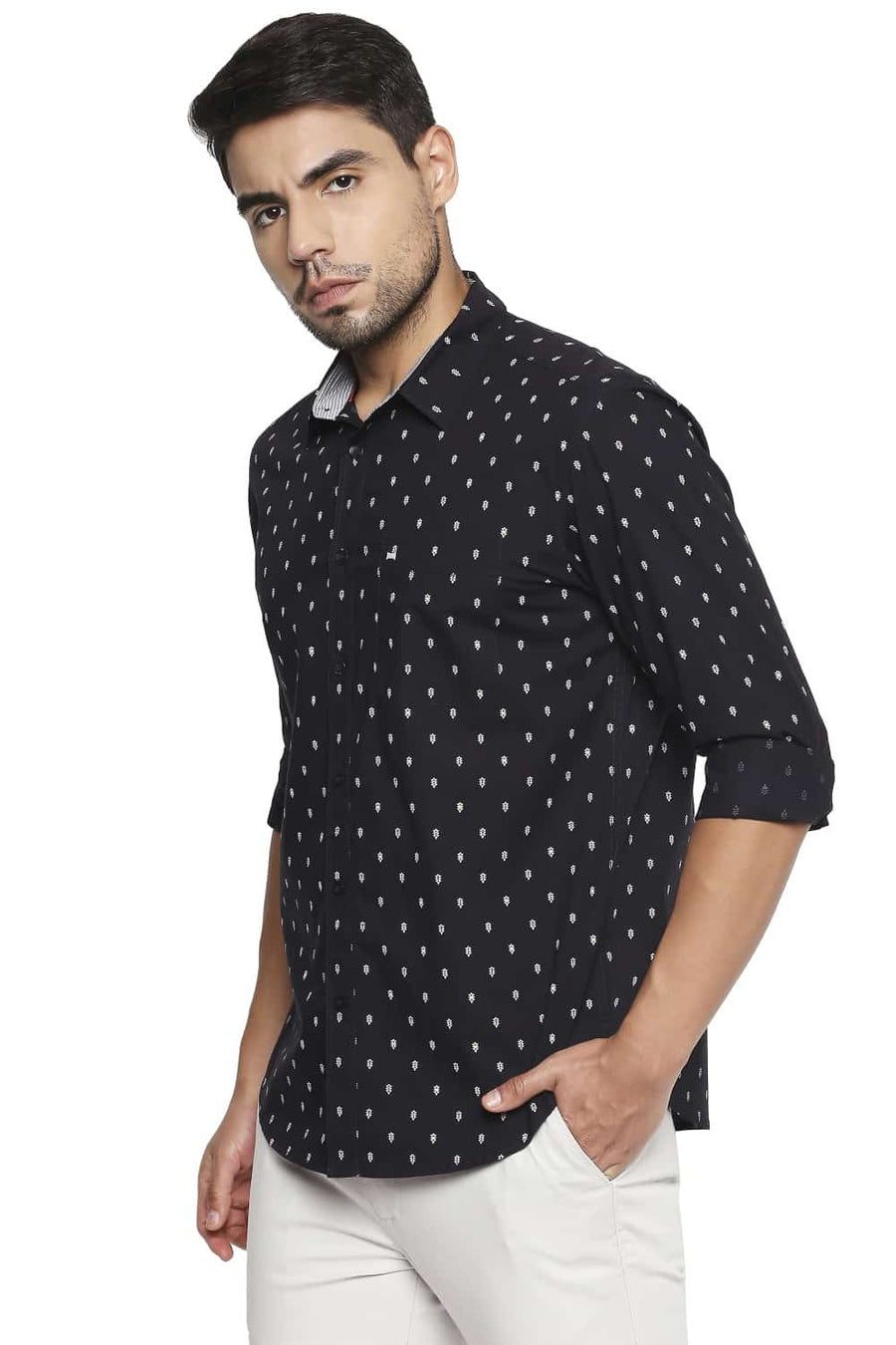 BASICS SLIM FIT NIGHT BLACK PRINTED SHIRT