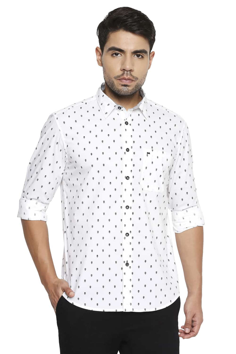 BASICS SLIM FIT CLOUD WHITE PRINTED SHIRT