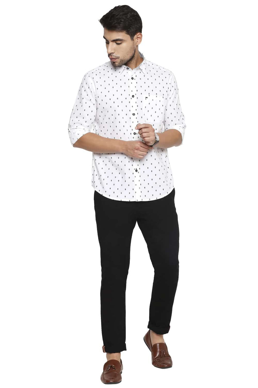 BASICS SLIM FIT CLOUD WHITE PRINTED SHIRT