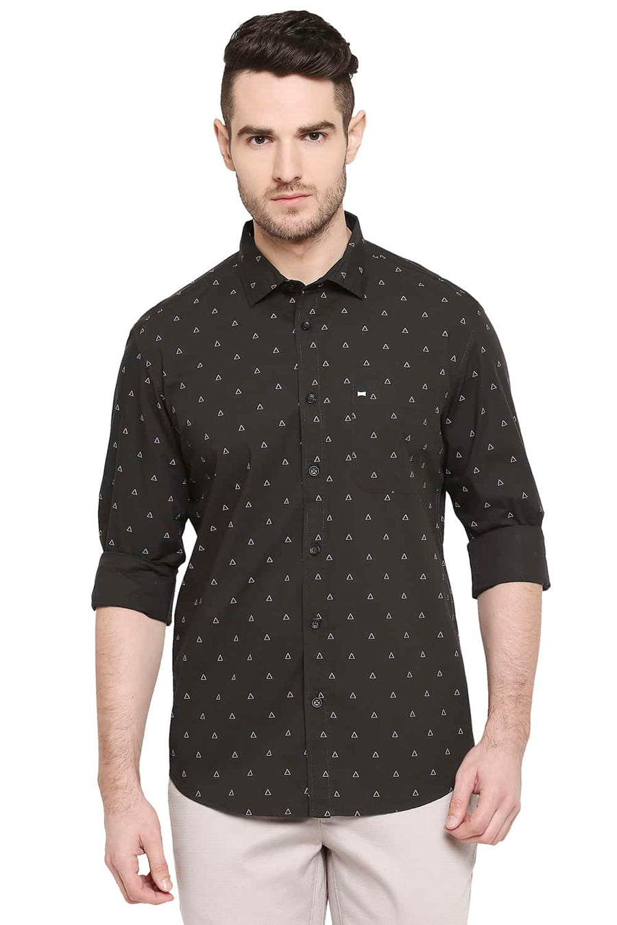 BASICS SLIM FIT CHOCOLATE BROWN PRINTED SHIRT