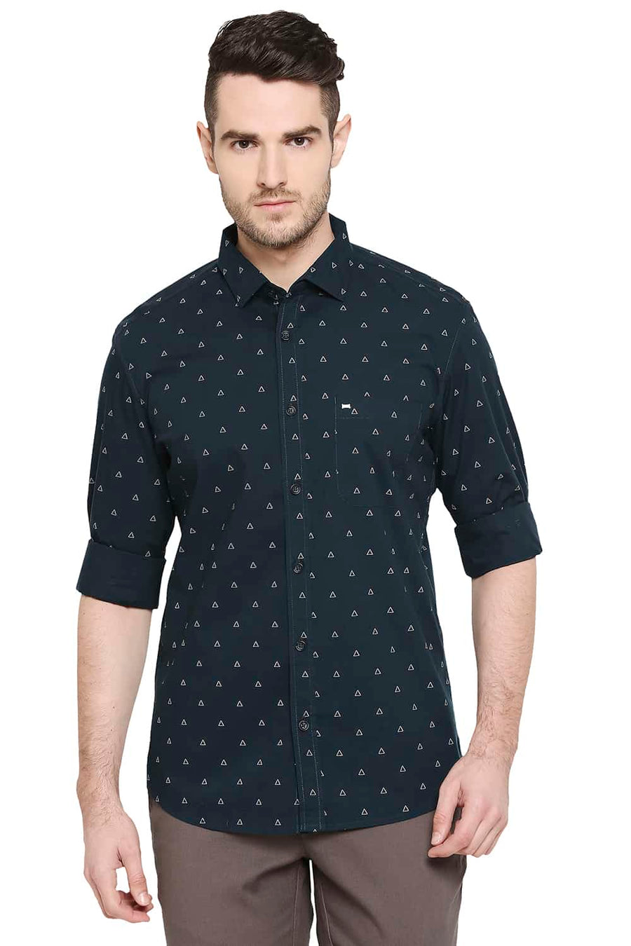 BASICS SLIM FIT DARKEST GREEN PRINTED SHIRT