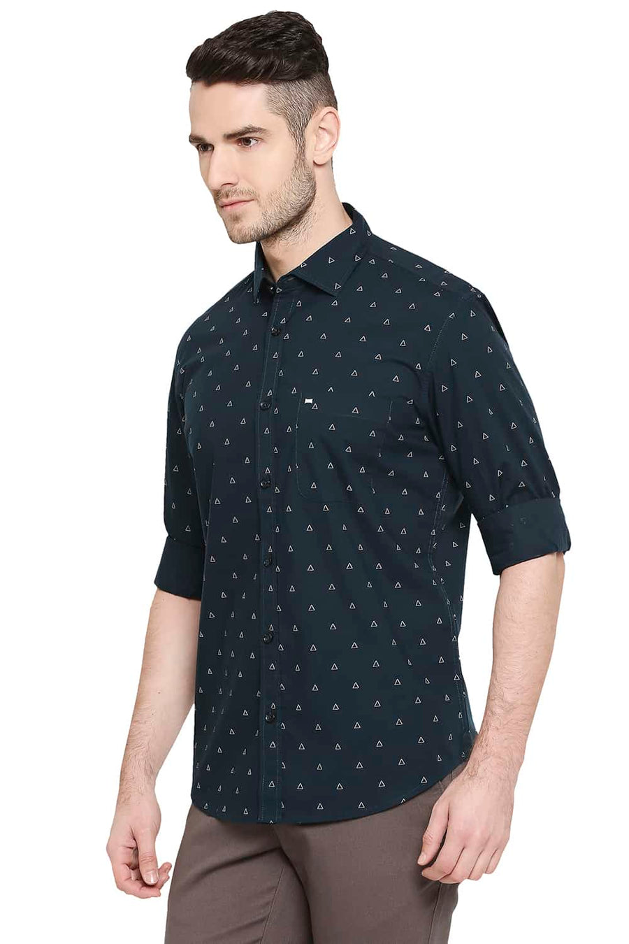BASICS SLIM FIT DARKEST GREEN PRINTED SHIRT