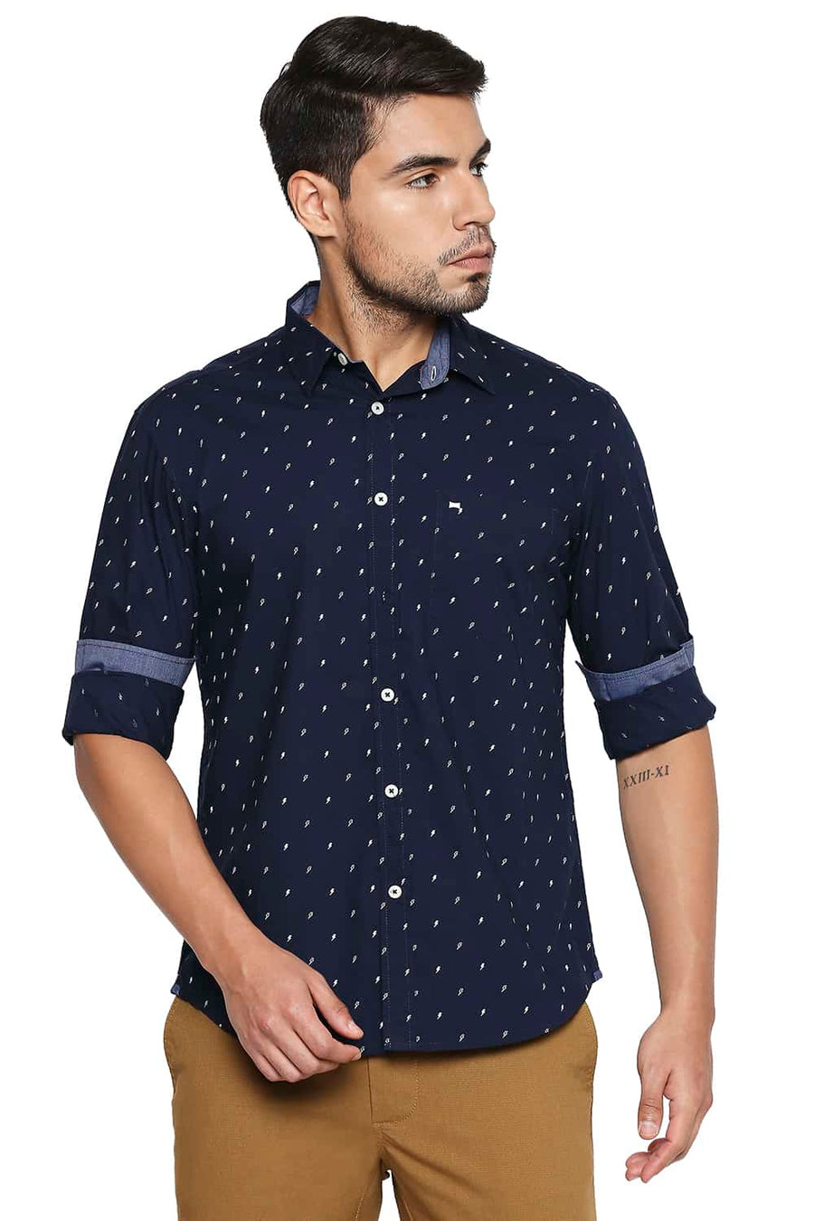 BASICS SLIM FIT MOONLIT NAVY PRINTED SHIRT