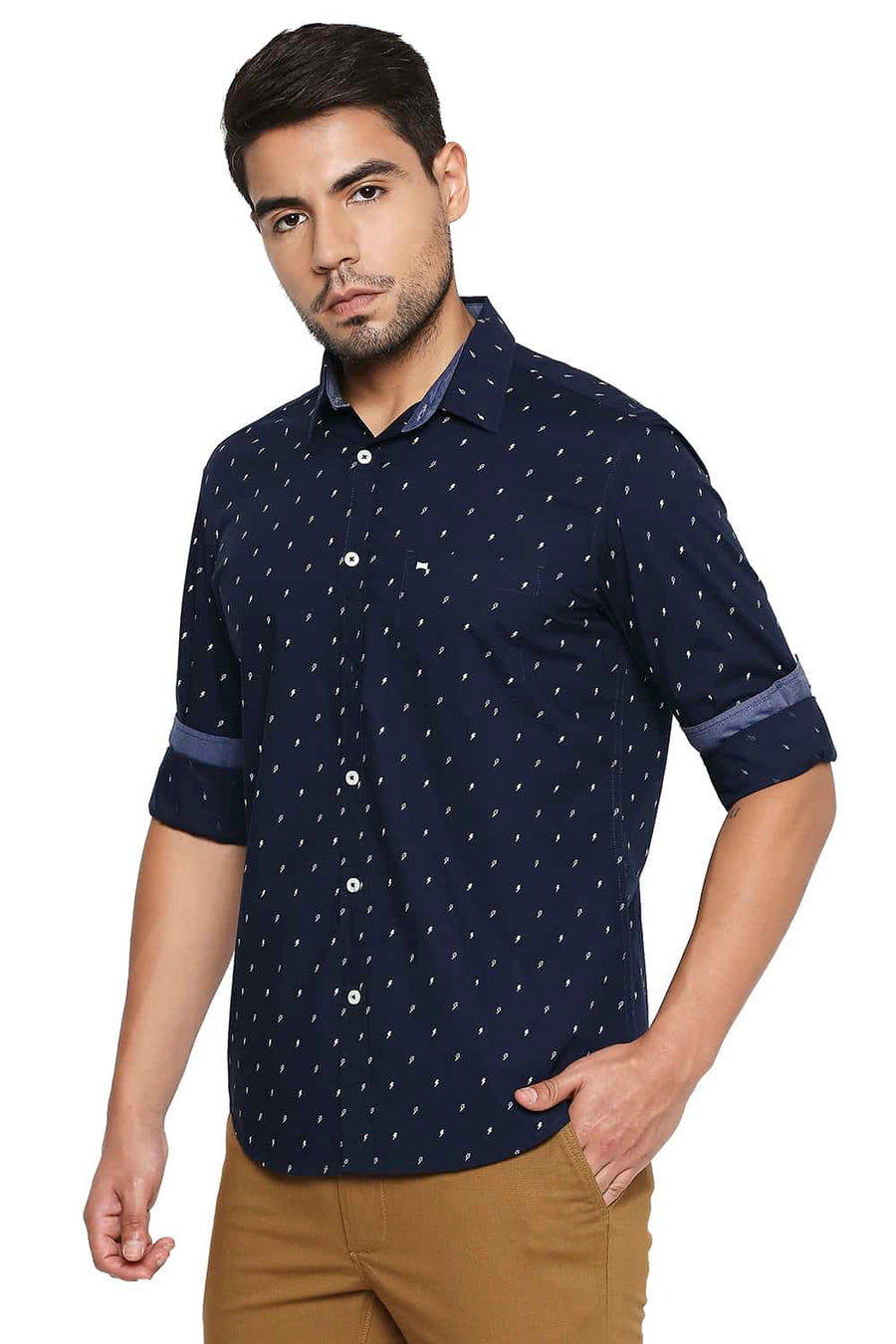 BASICS SLIM FIT MOONLIT NAVY PRINTED SHIRT