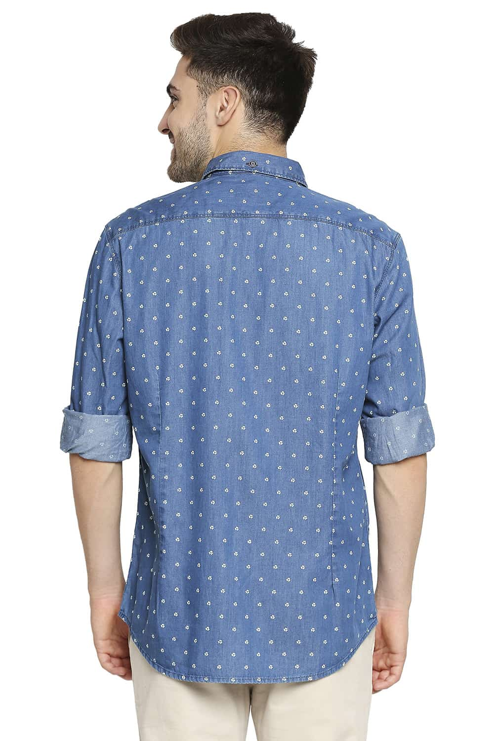 BASICS SLIM FIT INDIGO PRINTED SHIRT