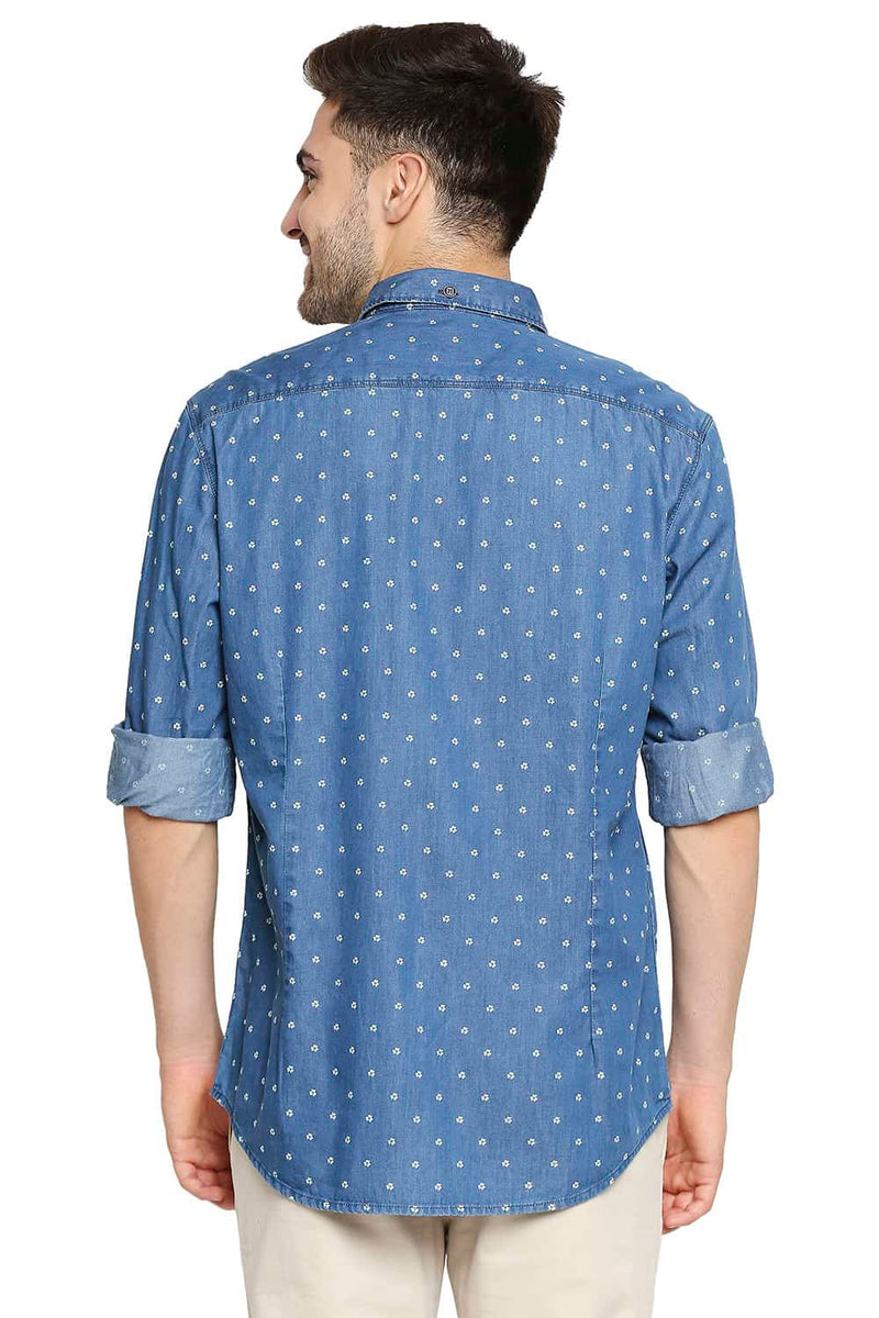 BASICS SLIM FIT INDIGO PRINTED SHIRT