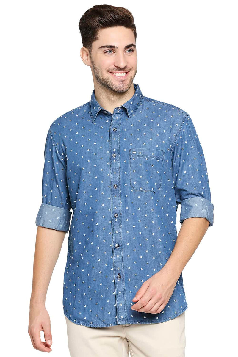 BASICS SLIM FIT INDIGO PRINTED SHIRT