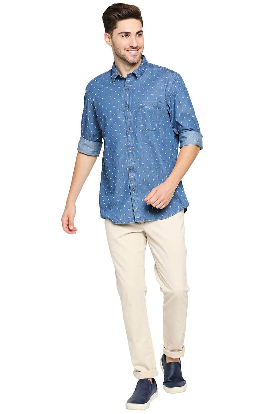 BASICS SLIM FIT ECLIPSE NAVY INDIGO PRINTED SHIRT