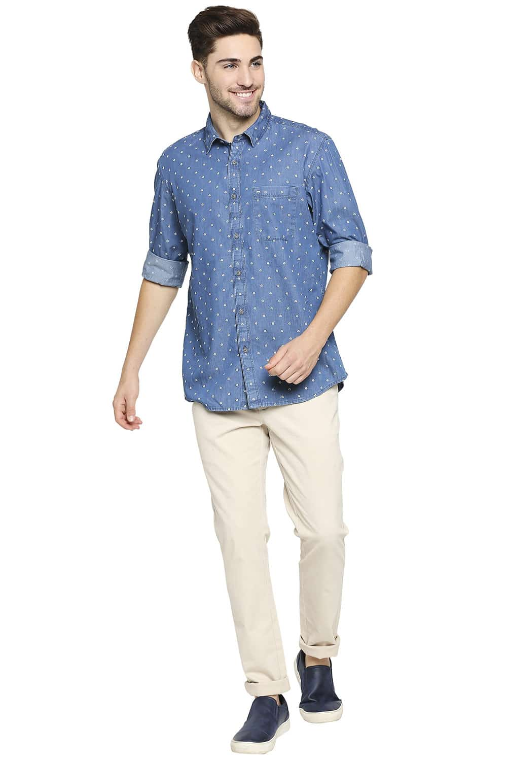 BASICS SLIM FIT INDIGO PRINTED SHIRT