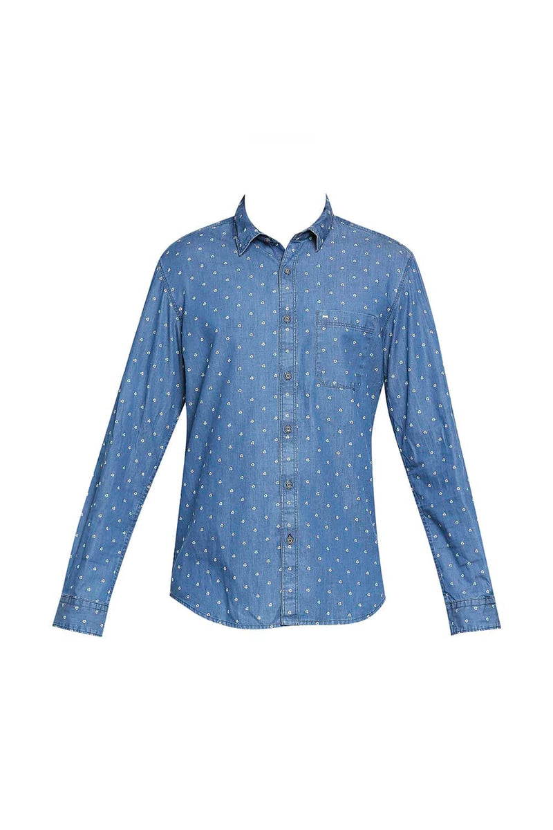 BASICS SLIM FIT INDIGO PRINTED SHIRT