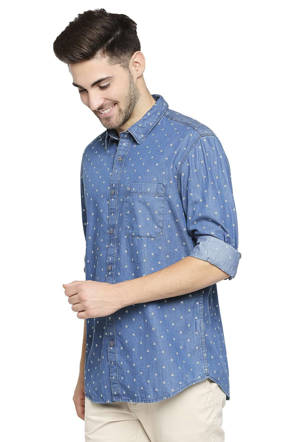 BASICS SLIM FIT INDIGO PRINTED SHIRT