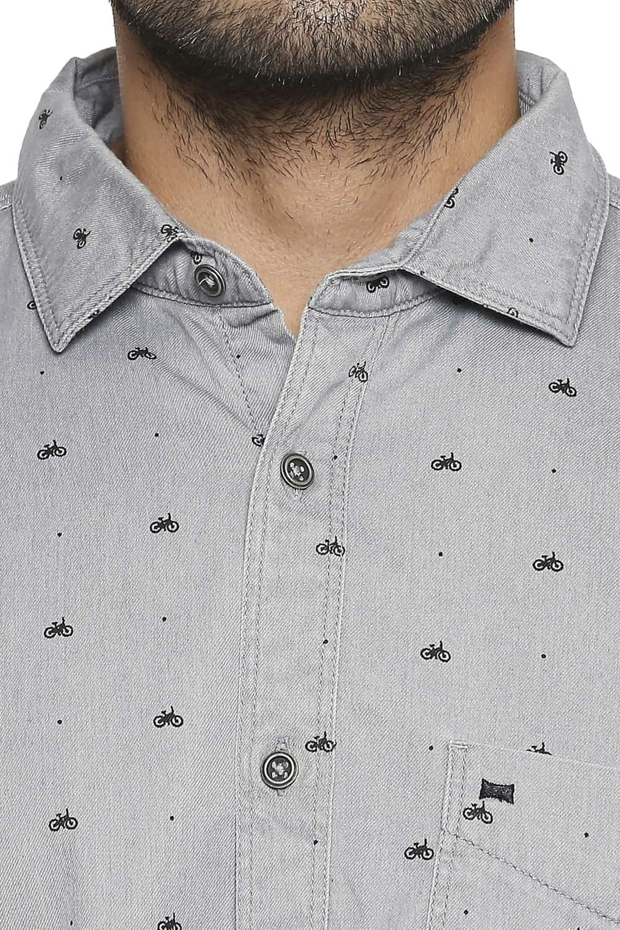 BASICS SLIM FIT FROST GREY PRINTED INDIGO SHIRT