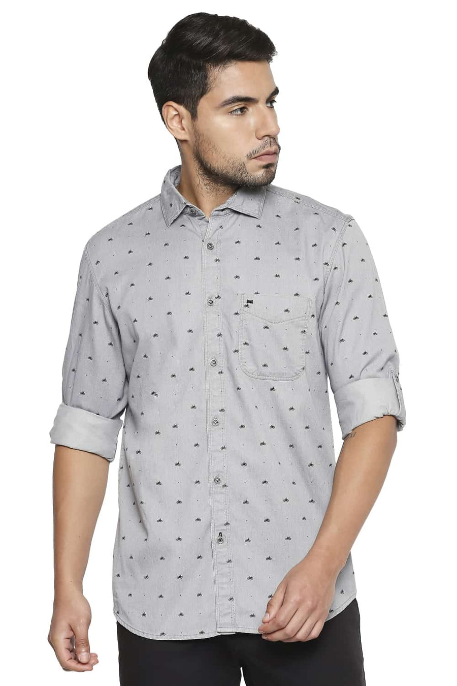 BASICS SLIM FIT FROST GREY PRINTED INDIGO SHIRT