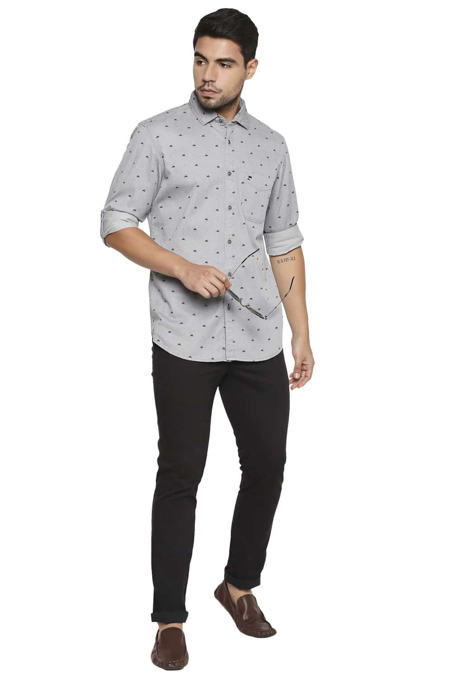 BASICS SLIM FIT FROST GREY PRINTED INDIGO SHIRT