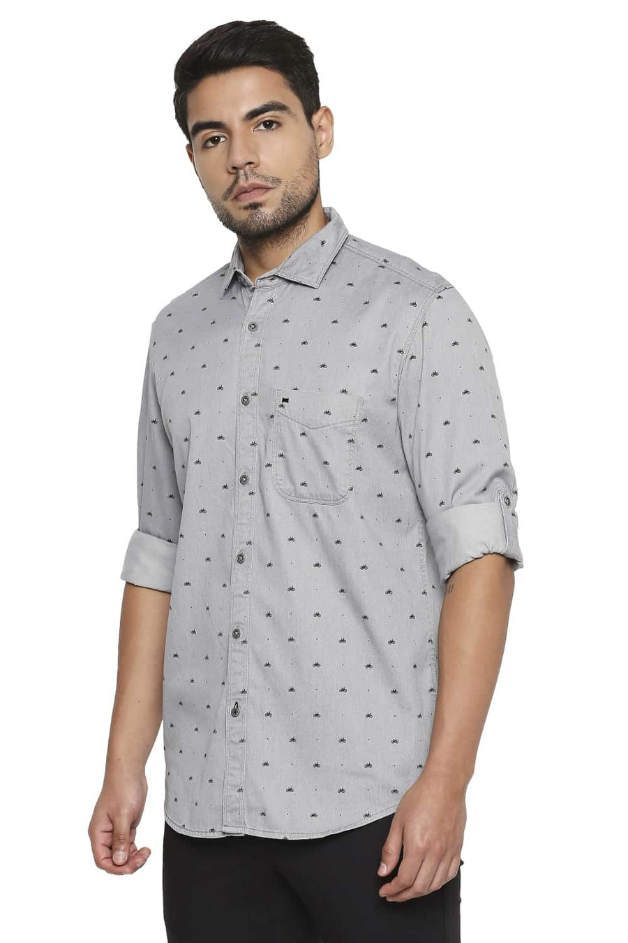 BASICS SLIM FIT FROST GREY PRINTED INDIGO SHIRT