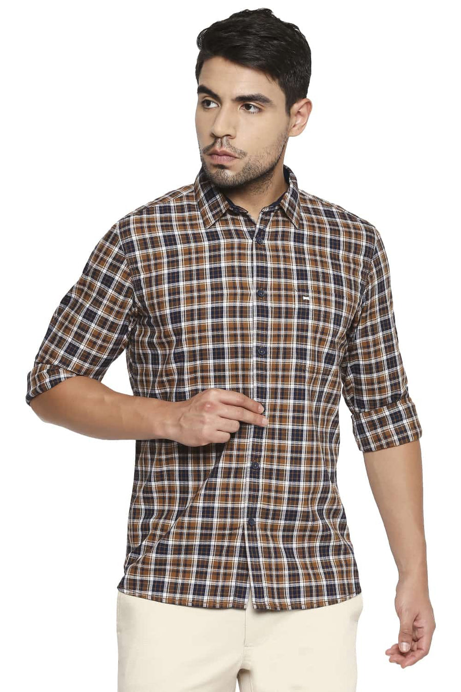 BASICS SLIM FIT BRONZE BROWN CHECKS SHIRT