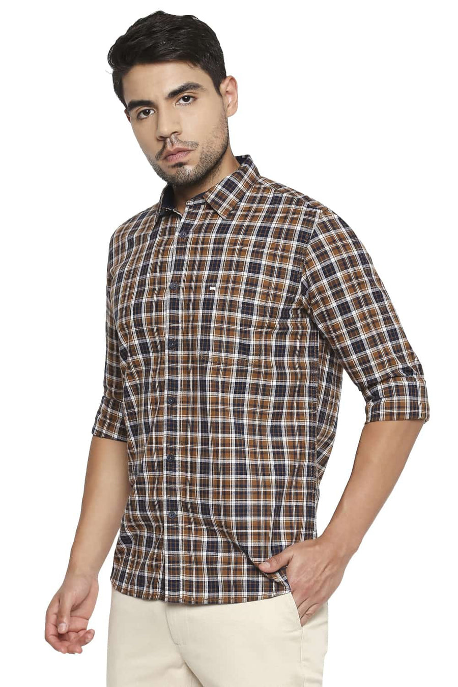 BASICS SLIM FIT BRONZE BROWN CHECKS SHIRT