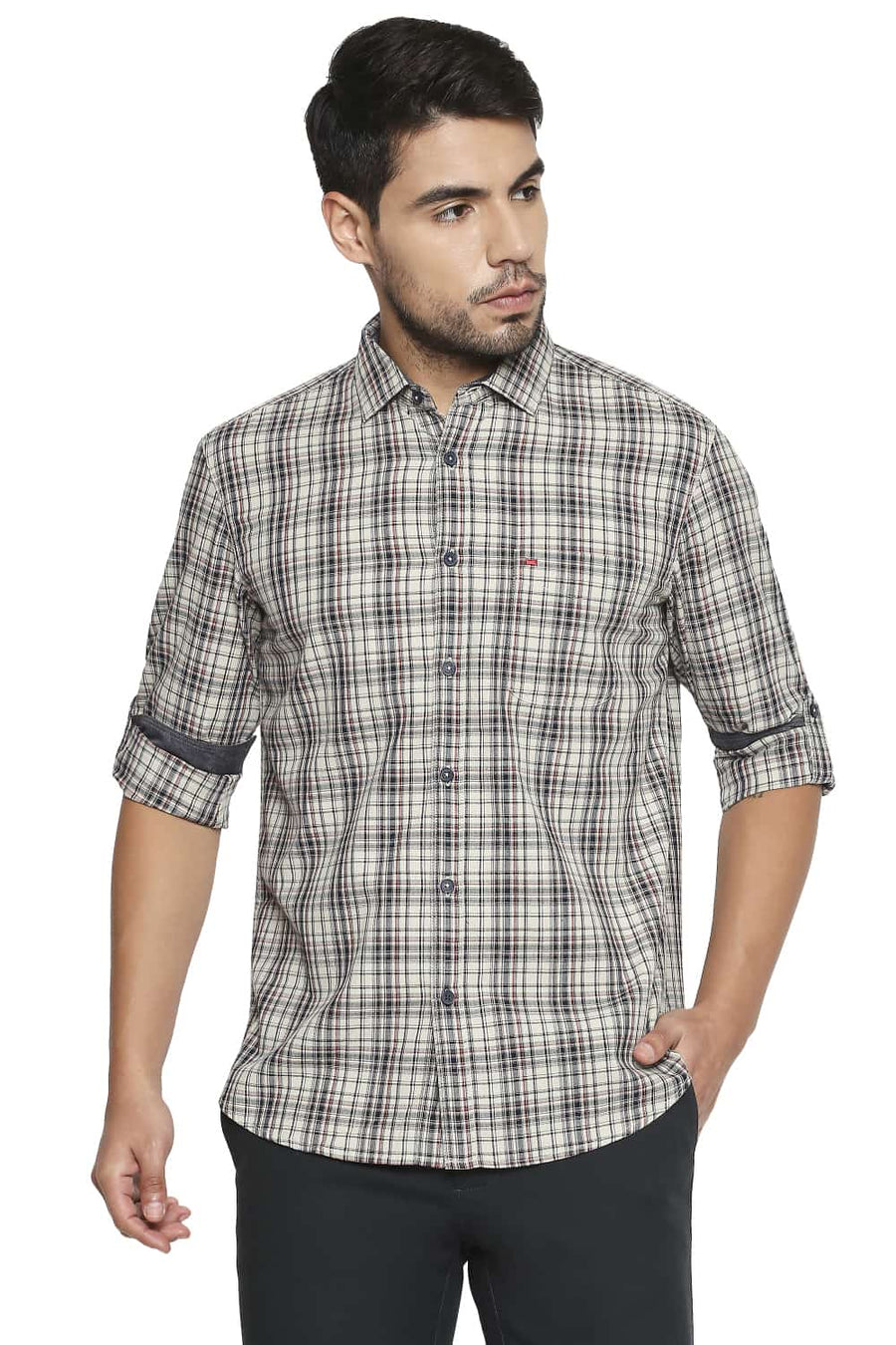 BASICS SLIM FIT RAINY DAY ECRU CHECKS SHIRT