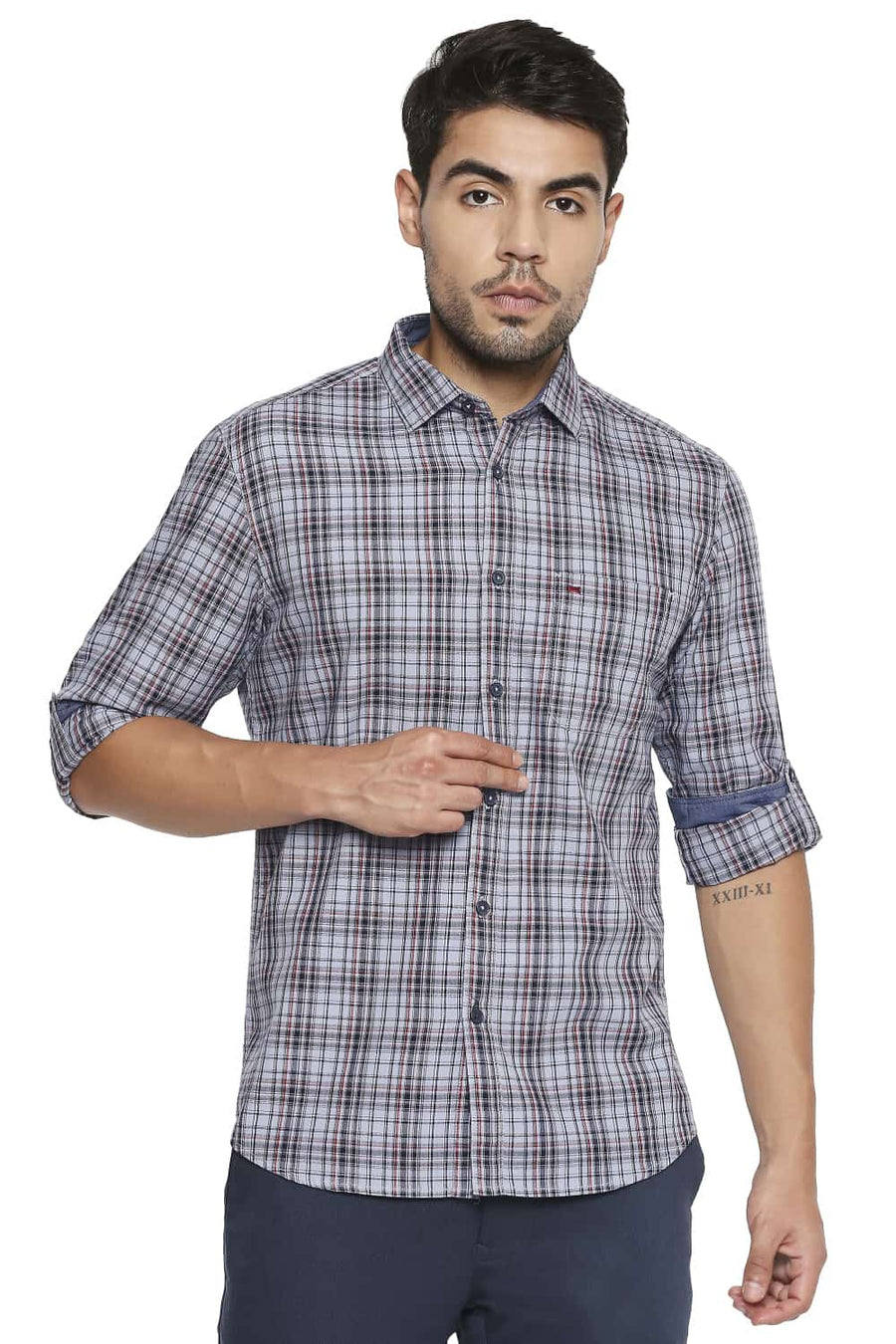 BASICS SLIM FIT XENON GREY CHECKS SHIRT