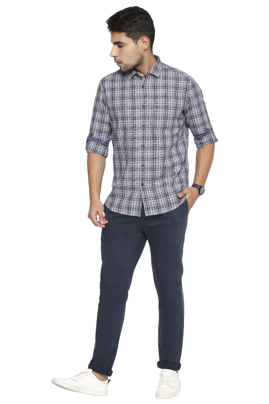 BASICS SLIM FIT XENON GREY CHECKS SHIRT
