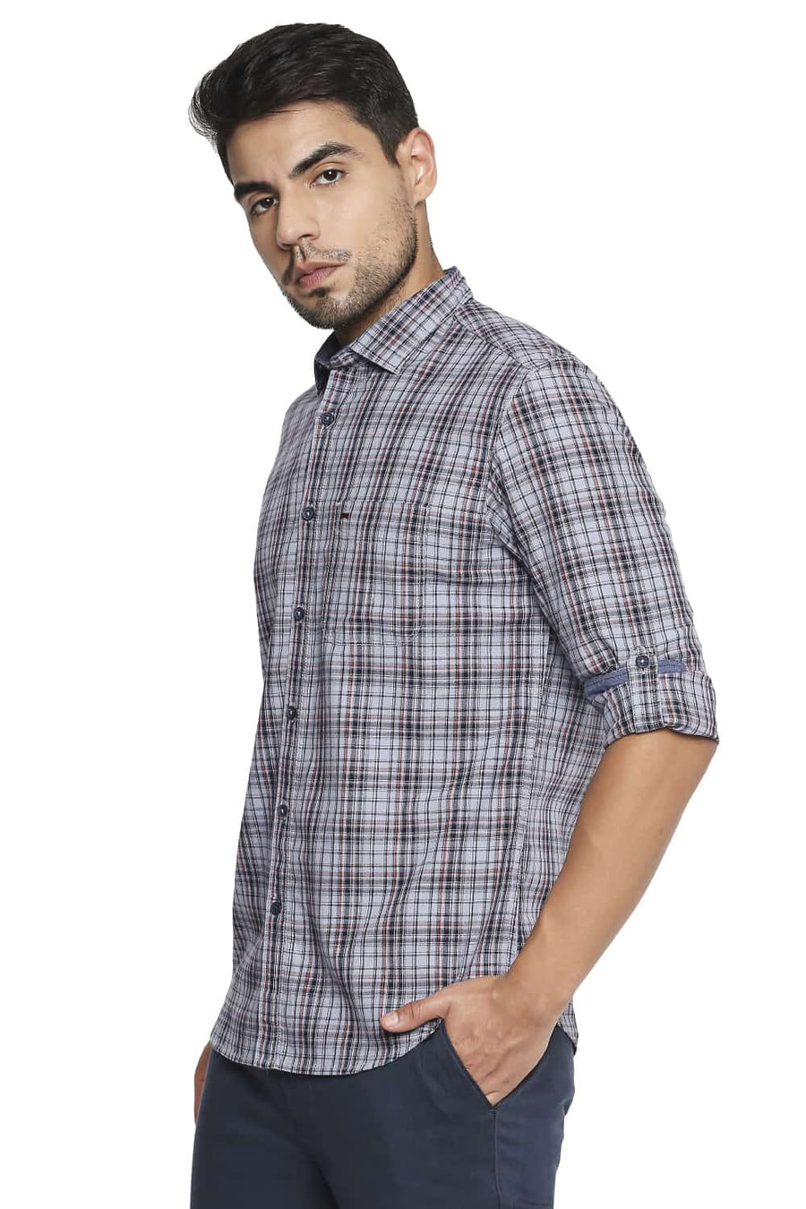 BASICS SLIM FIT XENON GREY CHECKS SHIRT
