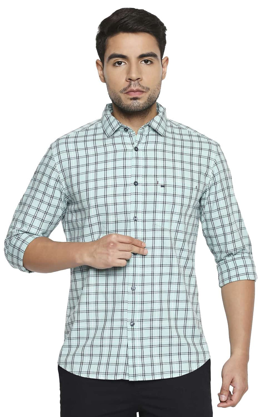 BASICS SLIM FIT BROOK GREEN CHECKS SHIRT