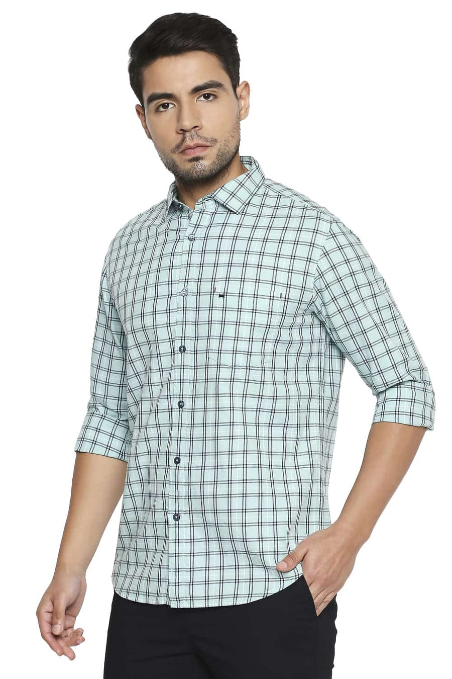 BASICS SLIM FIT BROOK GREEN CHECKS SHIRT