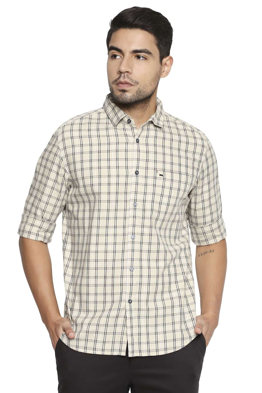 BASICS SLIM FIT DEW ECRU CHECKS SHIRT