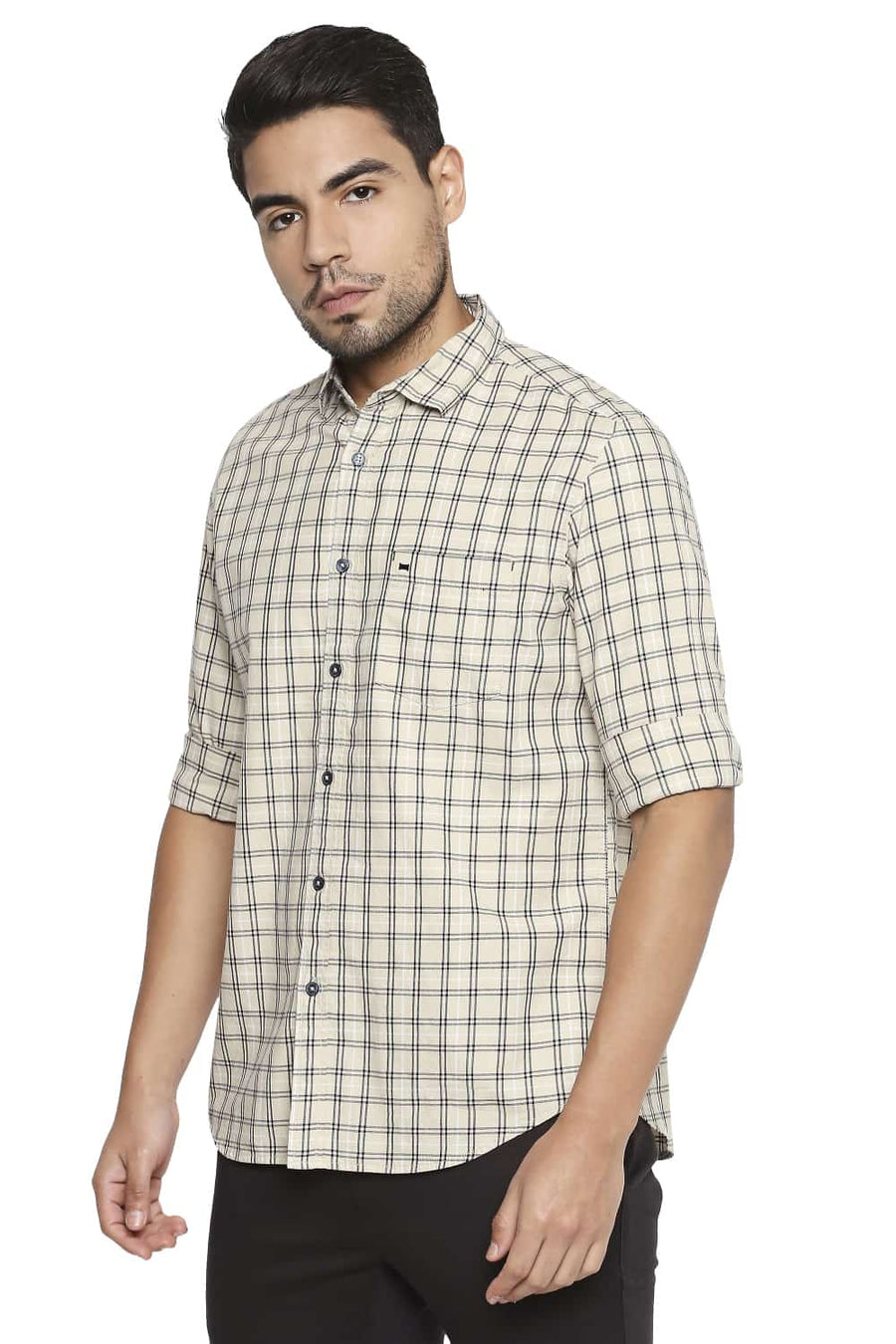 BASICS SLIM FIT DEW ECRU CHECKS SHIRT