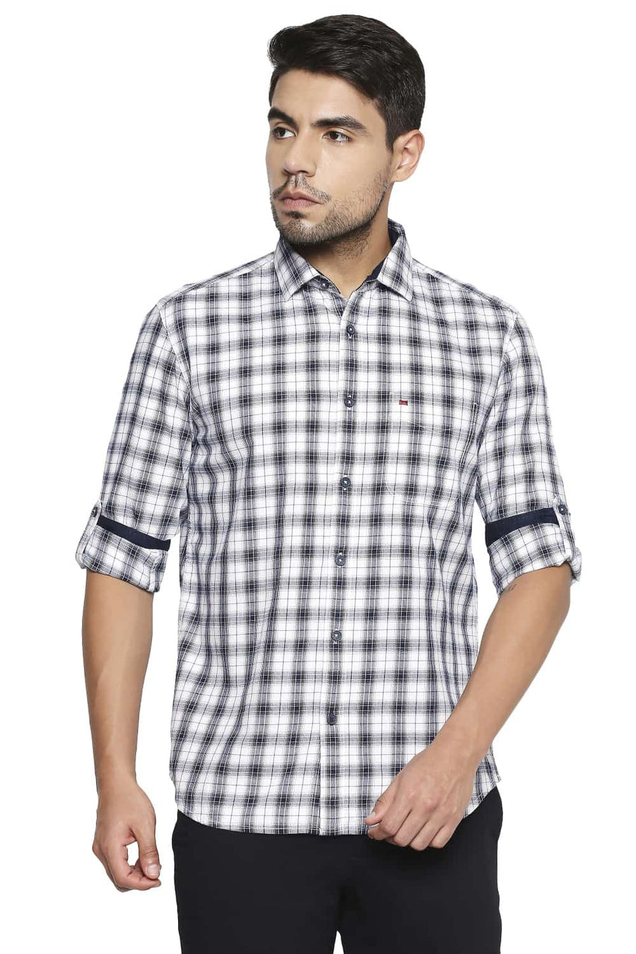 BASICS SLIM FIT NAVY IRIS CHECKS SHIRT