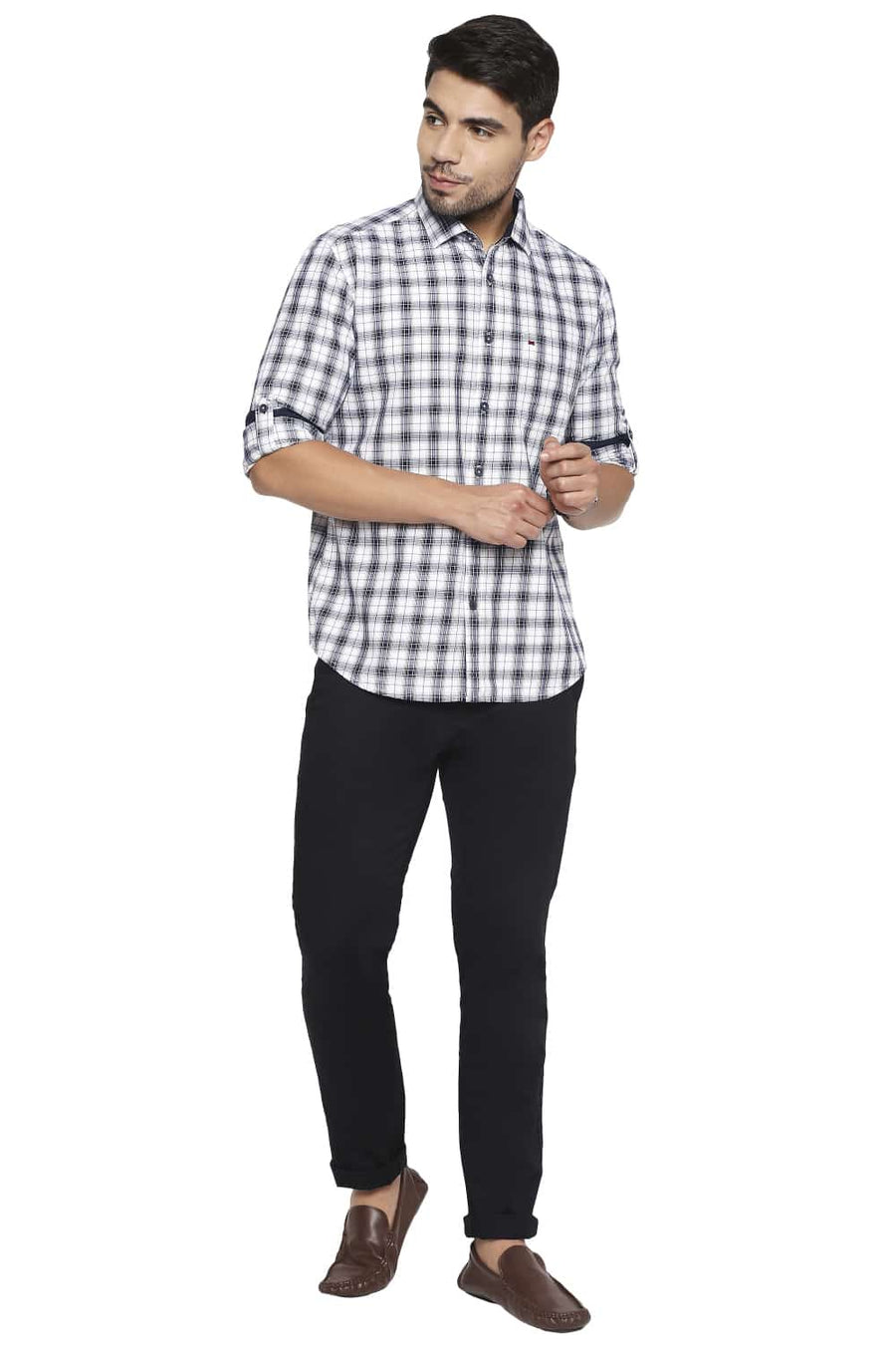 BASICS SLIM FIT NAVY IRIS CHECKS SHIRT