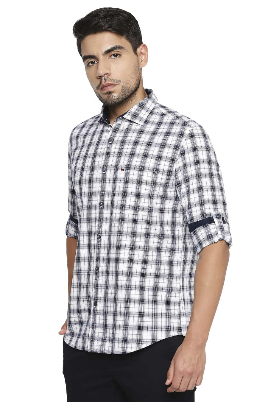 BASICS SLIM FIT NAVY IRIS CHECKS SHIRT