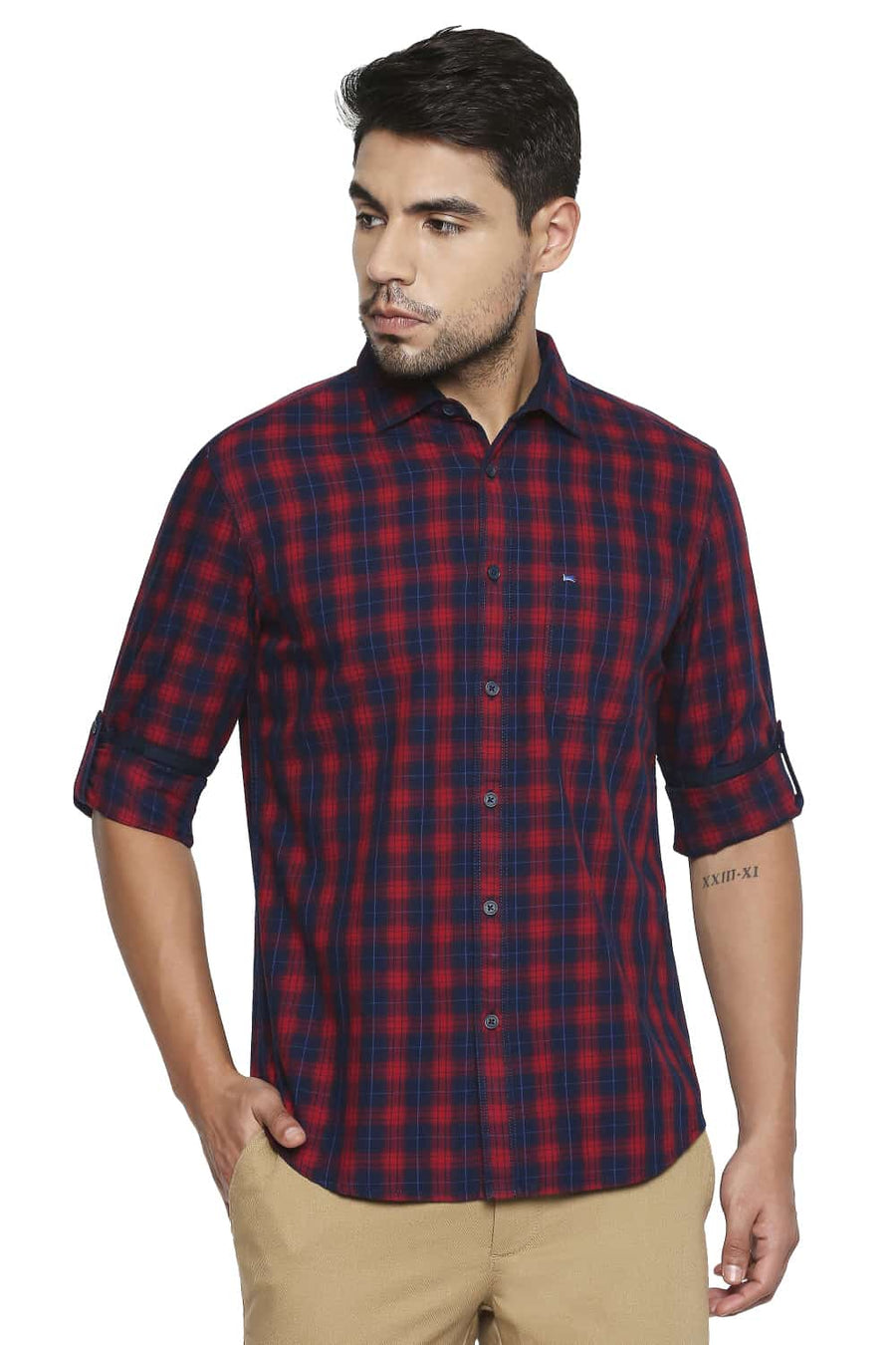 BASICS SLIM FIT MARS RED CHECKS SHIRT