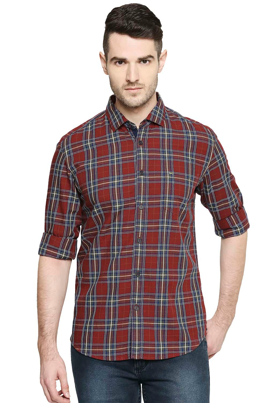 BASICS SLIM FIT RUBY MAROON CHECKS SHIRT