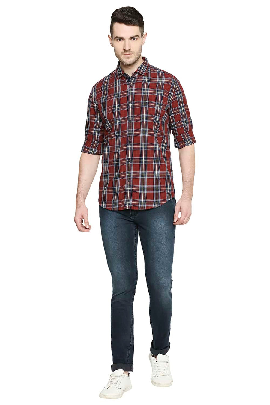BASICS SLIM FIT RUBY MAROON CHECKS SHIRT