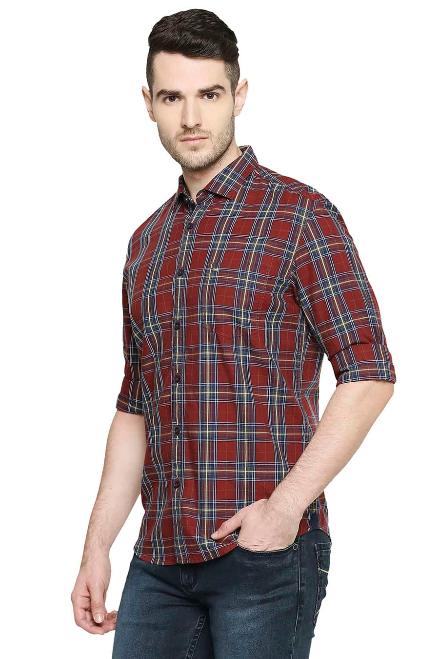 BASICS SLIM FIT RUBY MAROON CHECKS SHIRT